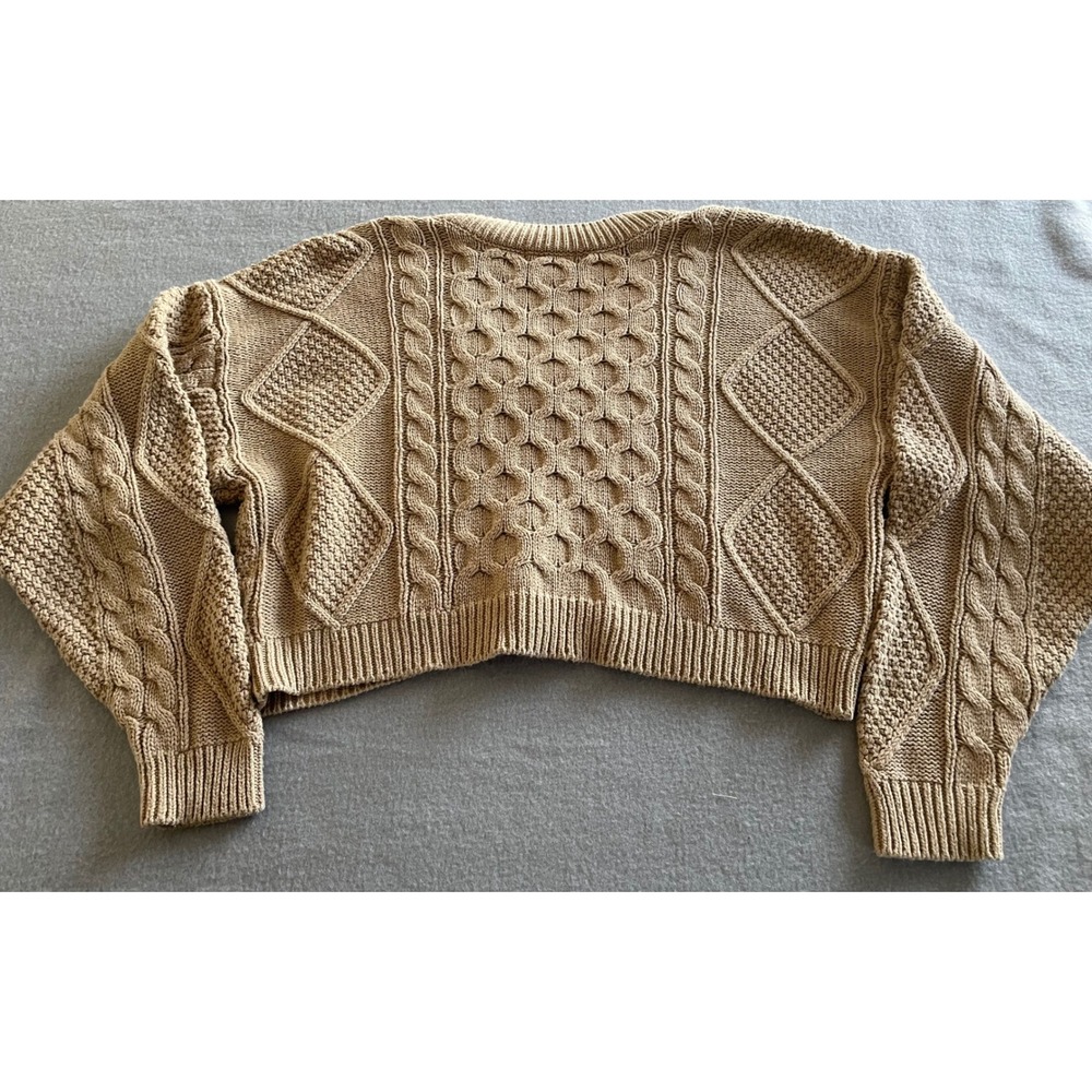 BP Nordstrom Tan Cable Knit Cropped V-Neck Sweater Small Camel Brown - Picture 2 of 5